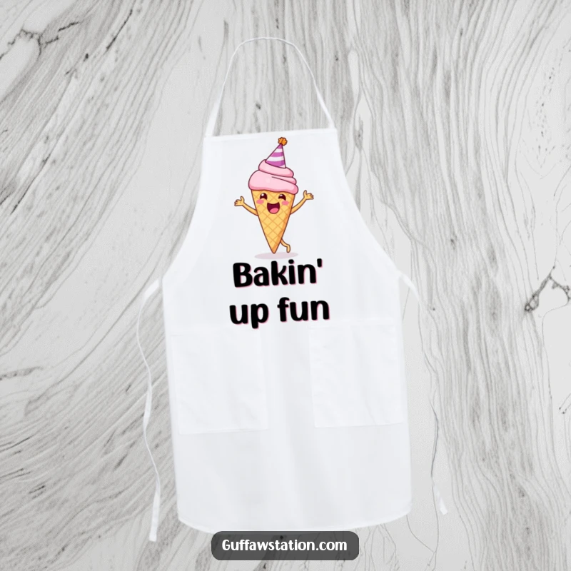 Funny apron featuring a delighted ice cream cone wearing a party hat, happily dancing, adding humor to cooking.
