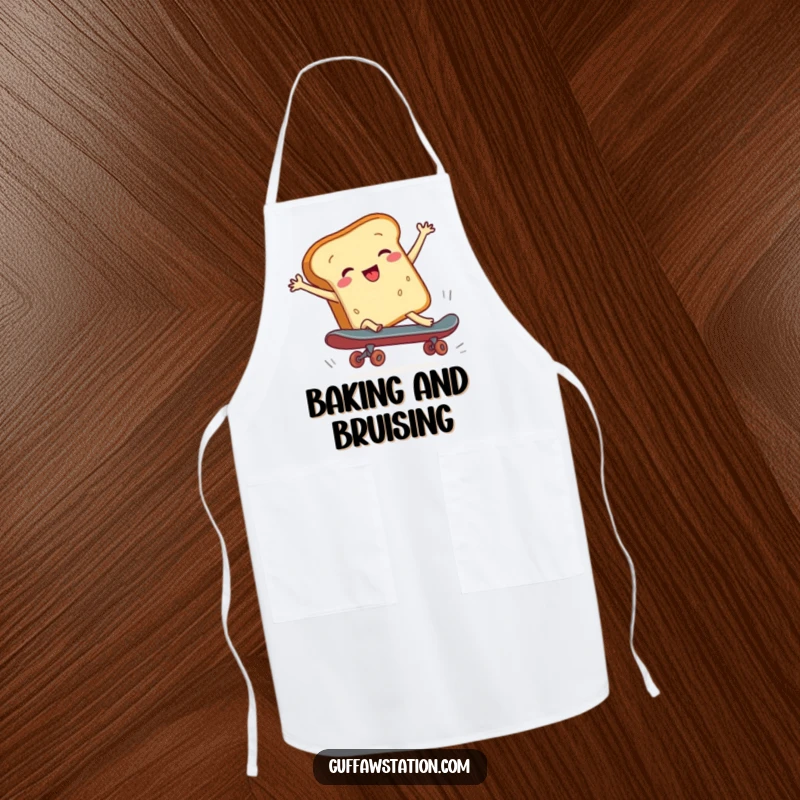 Funny apron graphic of a bread loaf falling off a skateboard, a humorous kitchen accessory with cartoon charm.