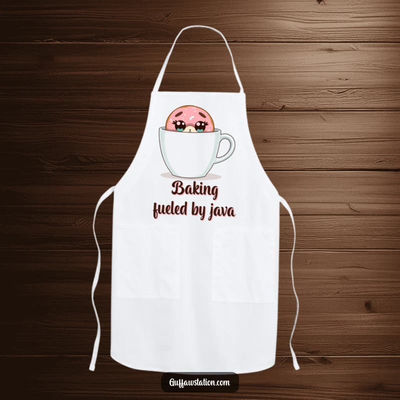 Funny donut apron depicts a surprised donut hiding behind a giant coffee cup, making kitchen duty hilariously fun.