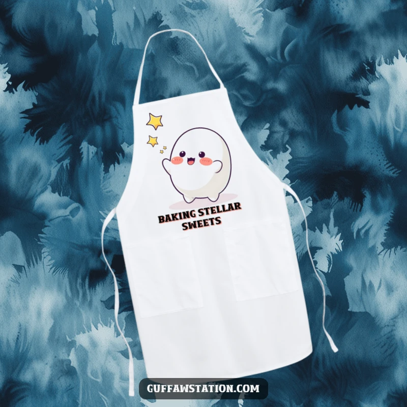 Funny playful blob character trying to catch falling stars, a humorous apron for the kitchen.