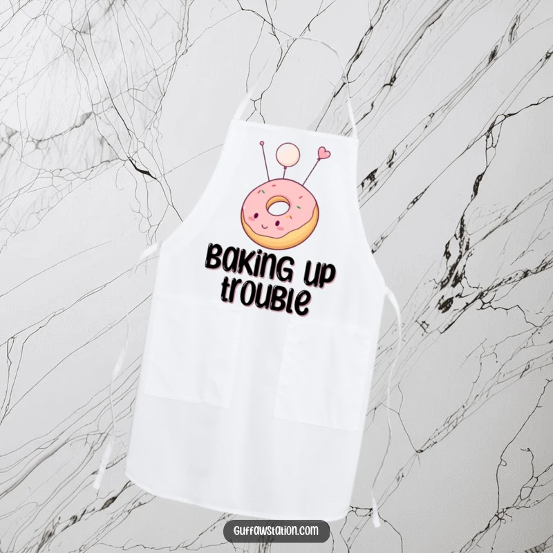 Funny apron featuring a chubby donut character inflating and floating upwards, perfect for kitchen fun and protecting clothes humorously.