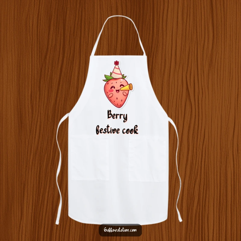 Funny cheerful strawberry in a party hat blowing a horn, featured on a humorous and practical kitchen apron.