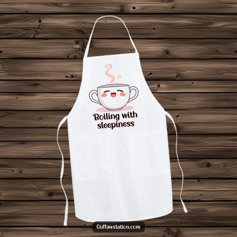 Funny apron featuring a sleepy teacup character yawning, steam forming a smiley face, perfect for kitchen fun and protecting clothes humorously.