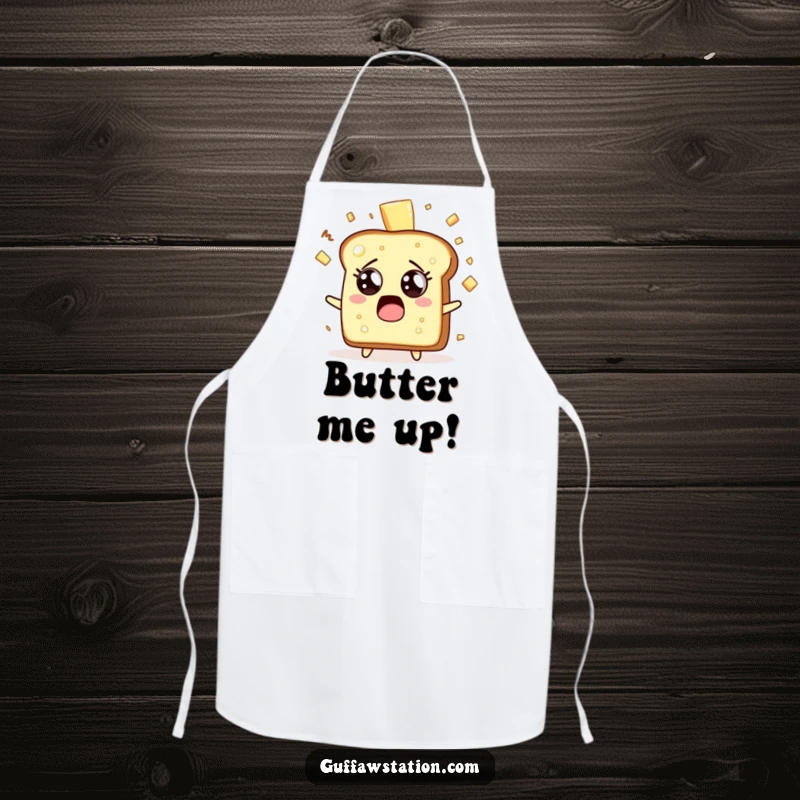 Funny surprised toast character with butter splattering on a durable kitchen apron for cooking.