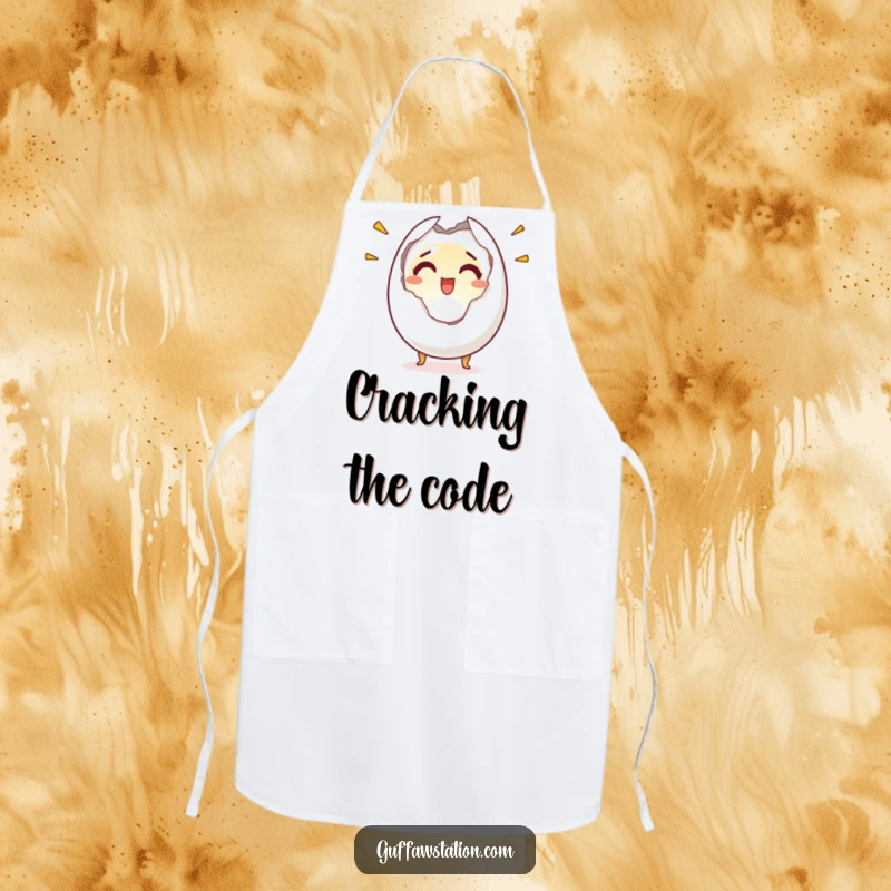 Funny apron featuring a startled egg character cracking in half with a surprised and joyful look, perfect for humorous kitchen protection.