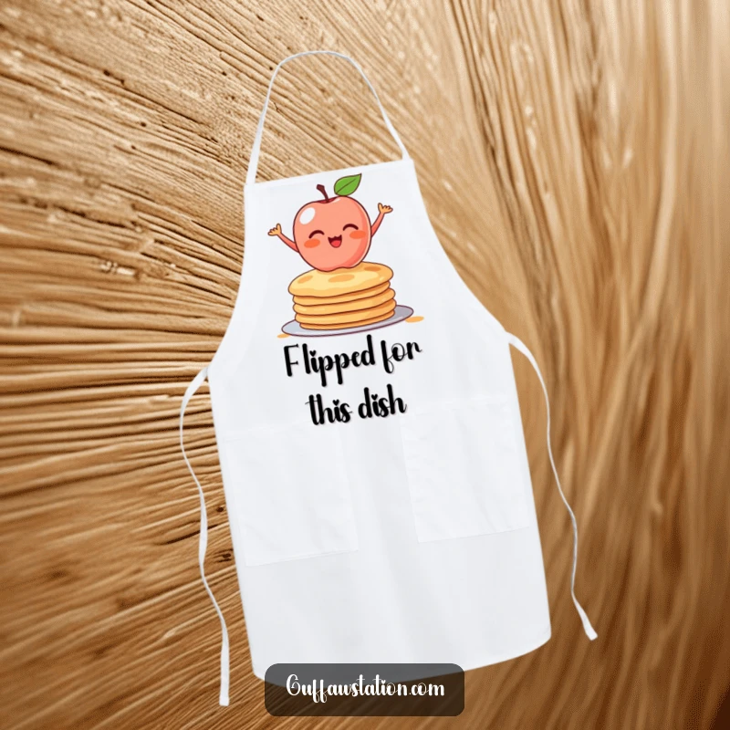 Funny apron illustrating a blushing apple balancing on a stack of pancakes. Whimsical and practical kitchen wear for food lovers.
