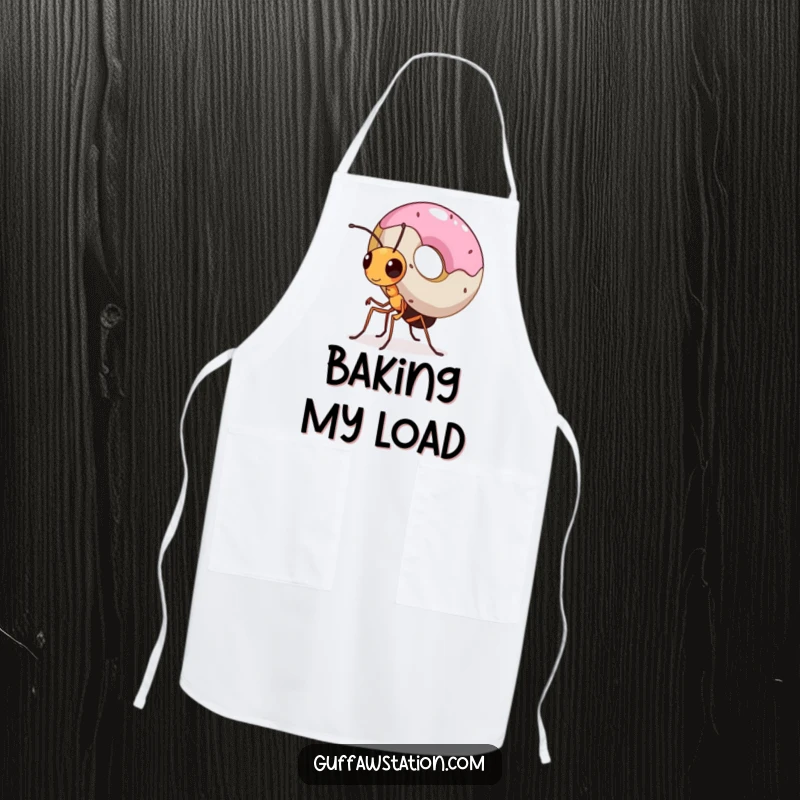 Funny apron showing a small, determined ant carrying an oversized donut, representing great effort and a love for treats.