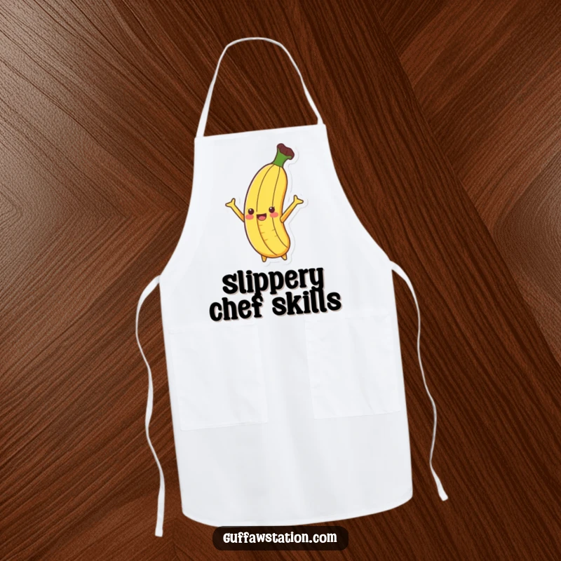 Funny Banana Slip Apron with a banana dramatically slipping on a peel, arms flailing, adding humor to cooking.