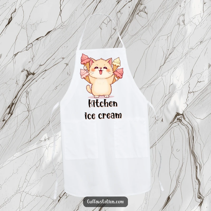 Funny Cat Ice Cream Apron shows a surprised cat juggling melting ice cream cones, adding humor to cooking.