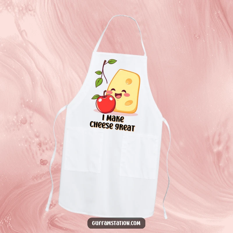 Funny apron illustrating a smiling cheese slice in mid-air, trying to catch a falling apple, ready for kitchen adventures.