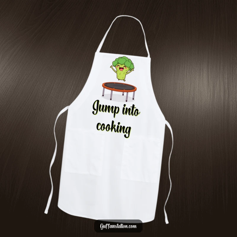 Funny apron depicting a giggling broccoli launching itself from a trampoline into the air, perfect for kitchen fun.