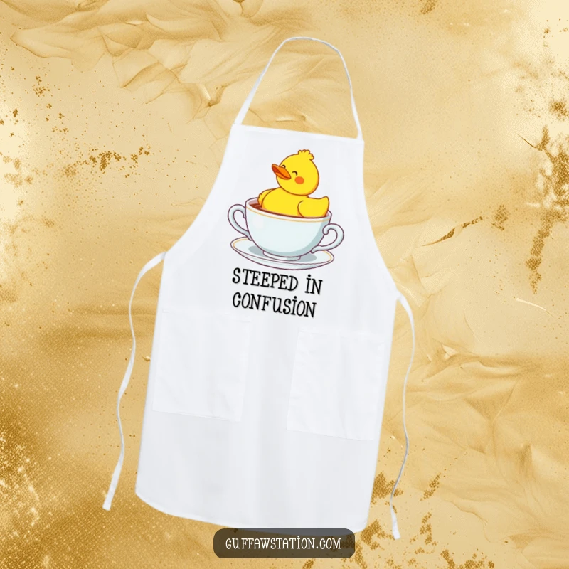 Funny confused rubber duck in a giant teacup, a humorous apron for kitchen fun.