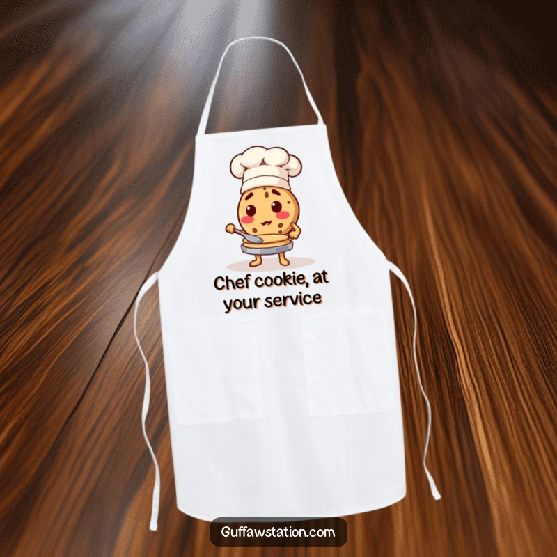 Funny cookie character in a chef hat flipping pancakes, a humorous apron for kitchen masters.