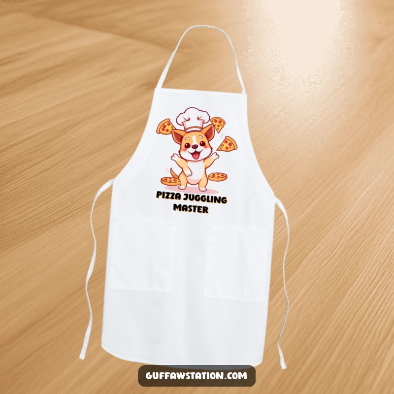 Funny dog in a chef hat actively juggling three flying pizzas while wearing a cooking apron, a comical kitchen accessory.