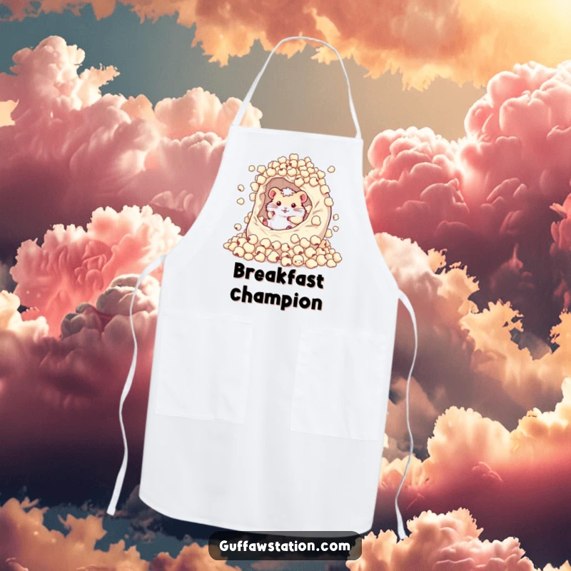 Funny hamster covered in cereal, splashing in a giant bowl, featured on a humorous and functional cooking apron.