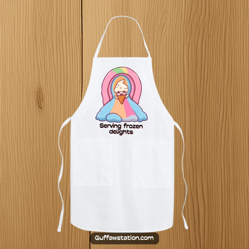 Funny ice cream cone apron depicts a giggling cone on a rainbow slide, adding a humorous touch to kitchen tasks.