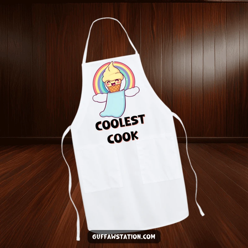 Funny ice cream apron with a giggling cone sliding down a rainbow chute, practical and humorous kitchen attire.