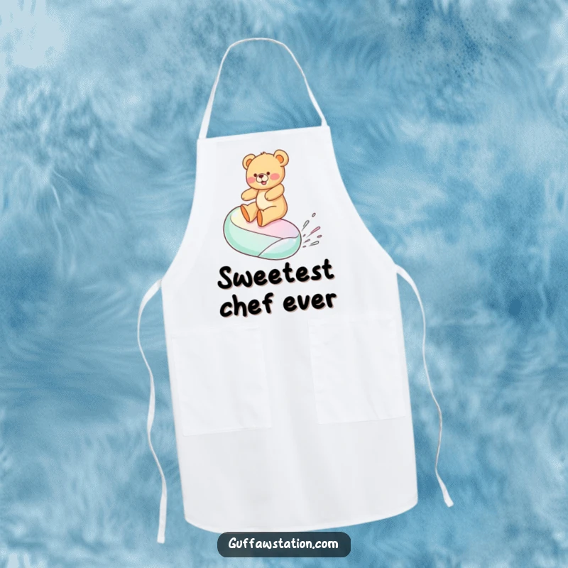 Funny apron with a teddy bear gleefully riding a jelly bean, perfect for adding a humorous touch to cooking and baking.