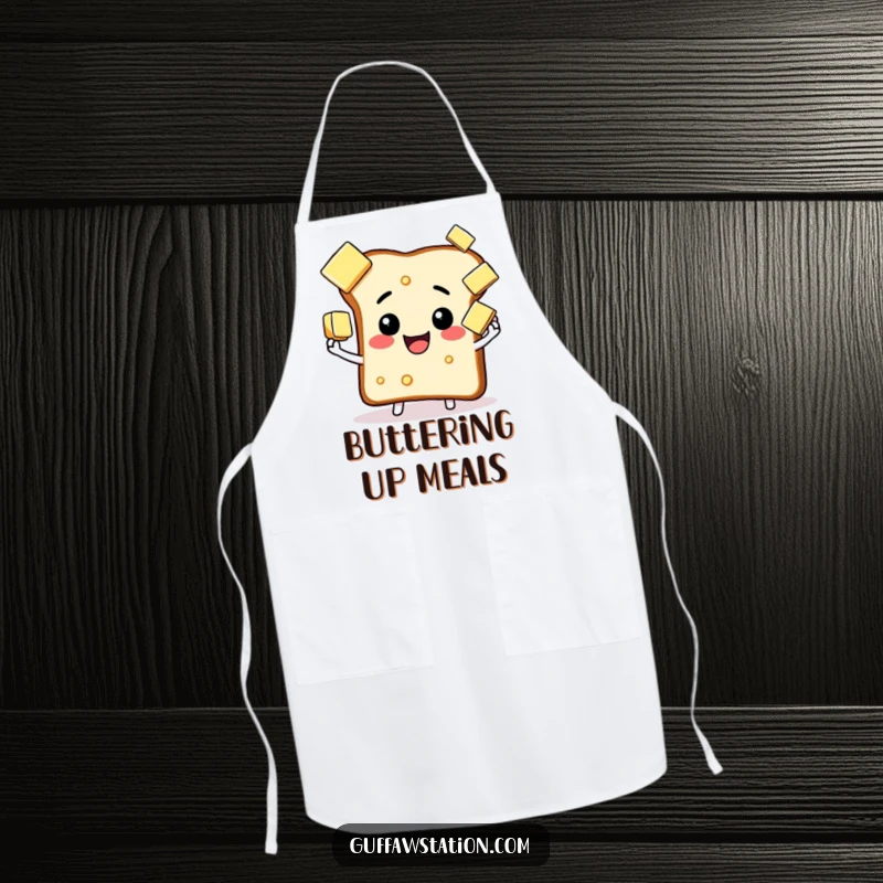 Funny happy toast juggling butter apron, a comical chef embodying breakfast skills, perfect for the kitchen.