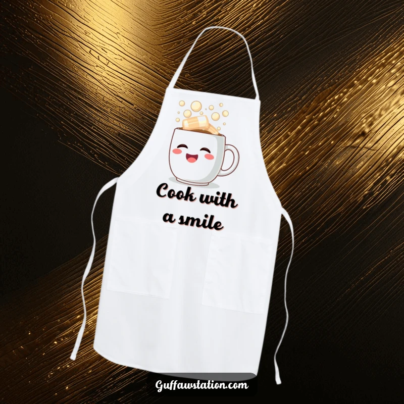 Funny apron depicting a happy coffee cup overflowing with steaming, bubbly laughter, perfect for kitchen fun.