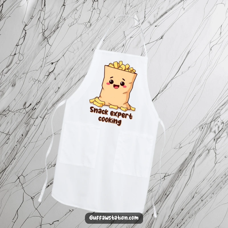 Funny mischievous potato hiding behind a giant bag of chips, featured on a humorous and practical kitchen apron.