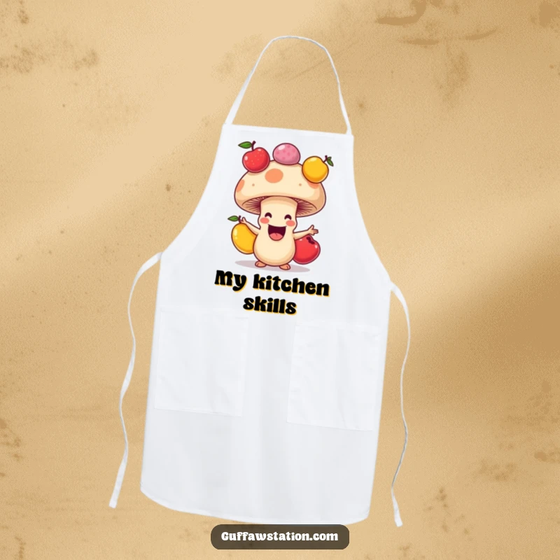 Funny apron graphic of a happy mushroom juggling colorful fruits, a culinary accessory with delightful cartoon charm.