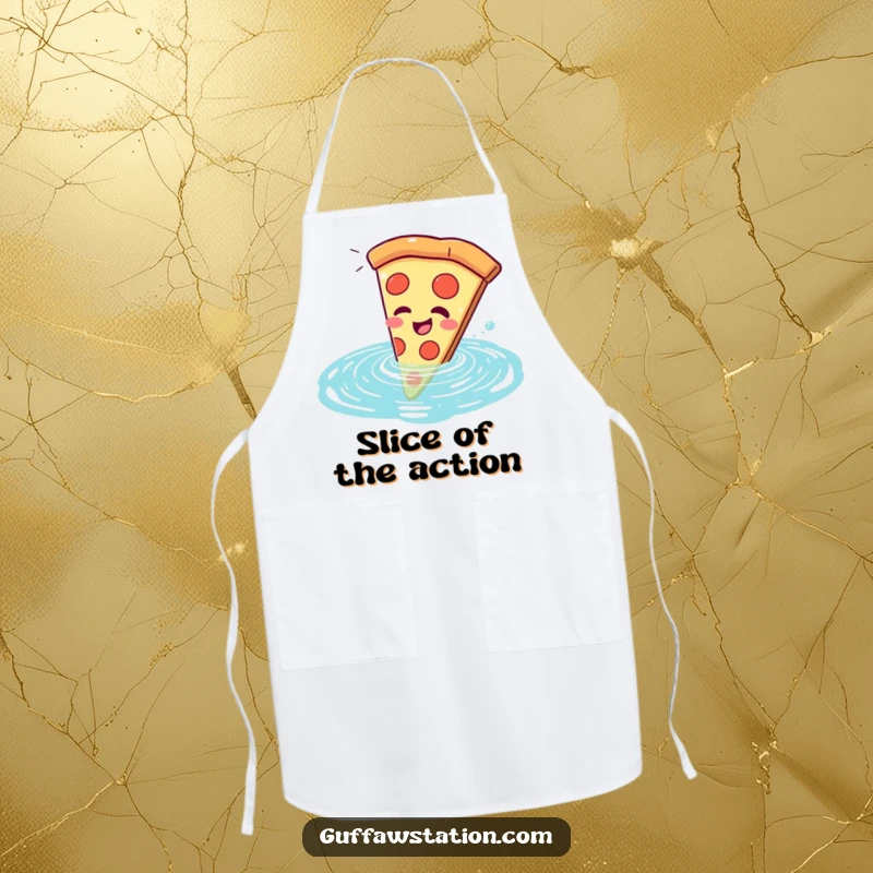 Funny pizza slice apron, giggling while comically falling into a swimming pool, ready for kitchen fun and laughs.