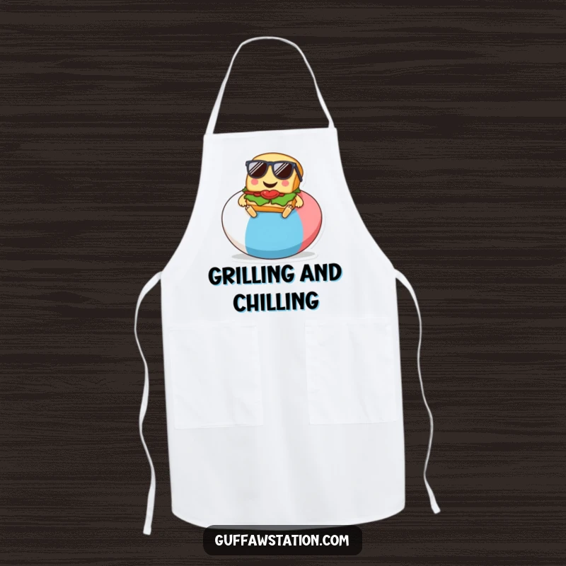 Funny apron graphic of a smiling sandwich wearing sunglasses on a beach ball, a humorous summer accessory.
