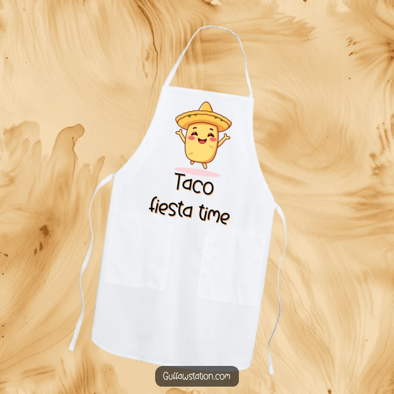 Funny apron showing a cheerful taco wearing a sombrero, doing a lively celebratory dance, perfect for cooks who love to party.