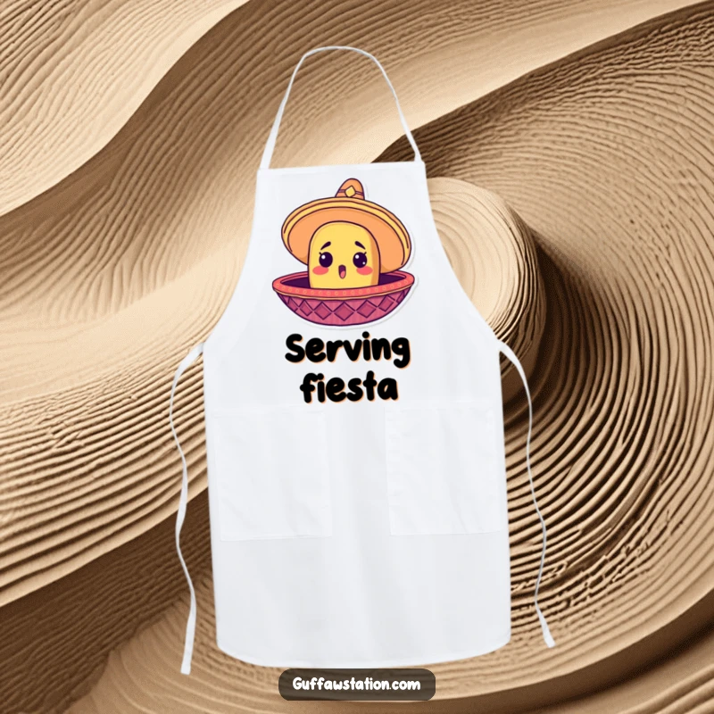 Funny apron featuring a surprised taco head peeking out from a giant sombrero, ideal for the festive kitchen.