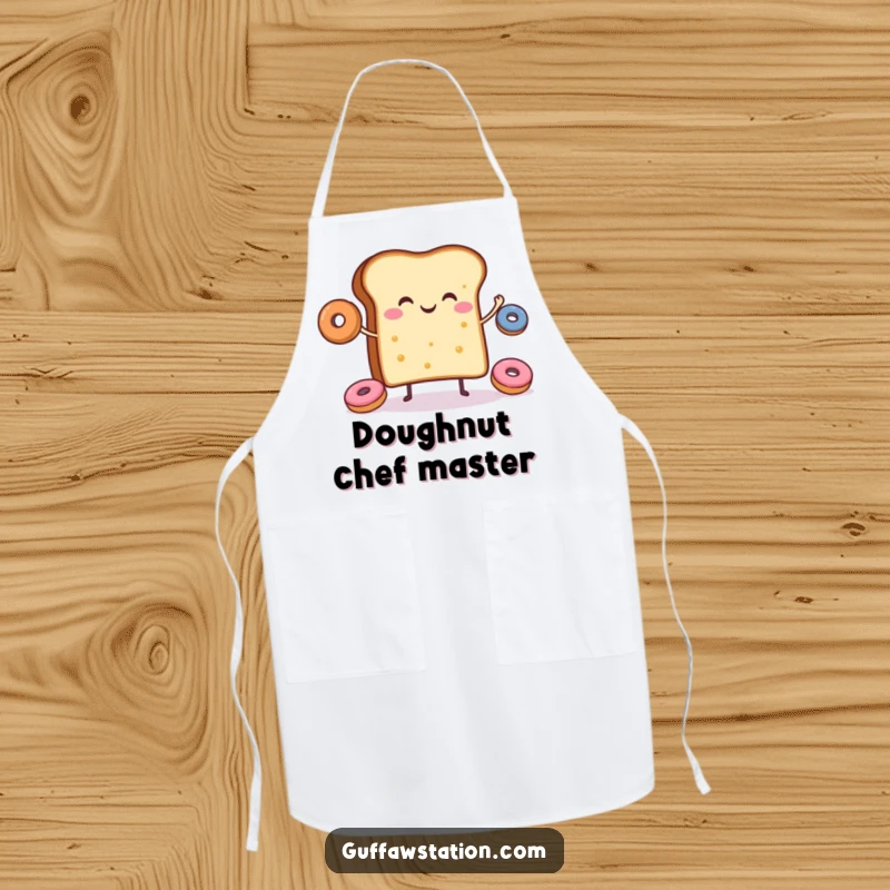 Funny apron featuring a happy slice of toast juggling donuts, ideal for the cheerful home cook.
