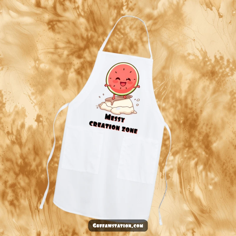Funny apron featuring a giggling watermelon slice character surfing an ice cream, designed for kitchen fun and protection, making it a great gift.