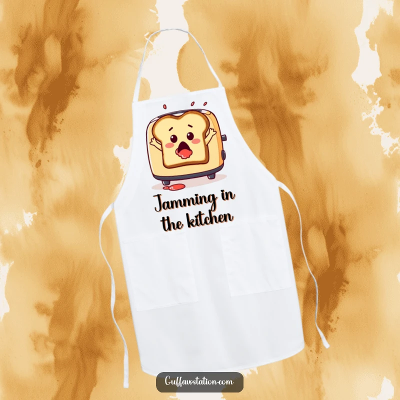 Funny apron with a surprised slice of toast leaping from a toaster with jam splatter, ideal for humorous cooking.