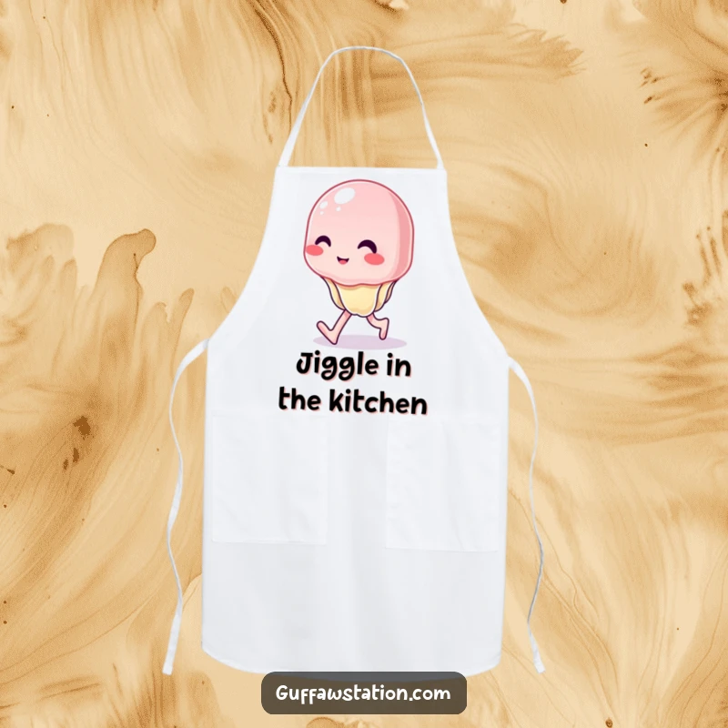 Funny apron illustrating a wobbly jelly character attempting to walk with a hilariously uncontrolled wiggle, perfect for a kitchen gift.