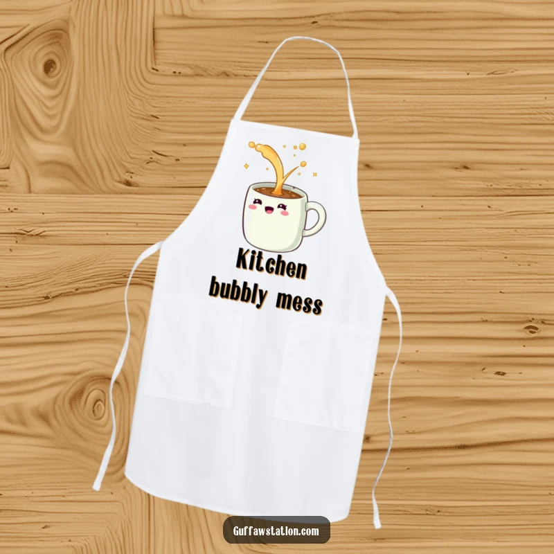 Funny apron featuring a giggling coffee mug spilling an endless stream of sparkling liquid, adding humor to cooking tasks.