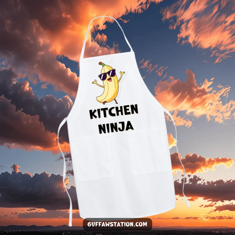 Funny mischievous banana peel character in sunglasses doing a sneaky trick on a durable kitchen apron.