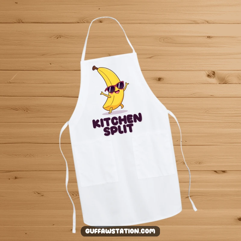 Funny happy banana wearing sunglasses, doing a cartwheel, on a practical and funny kitchen apron.