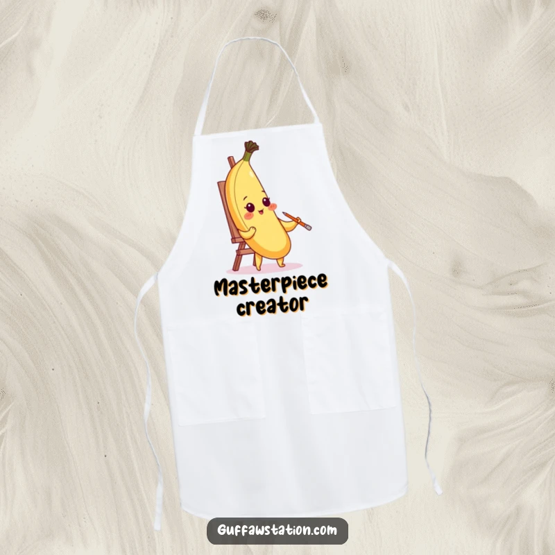 Funny apron showing a blushing banana painting its self-portrait using its peel, ideal for humorous creative sessions.