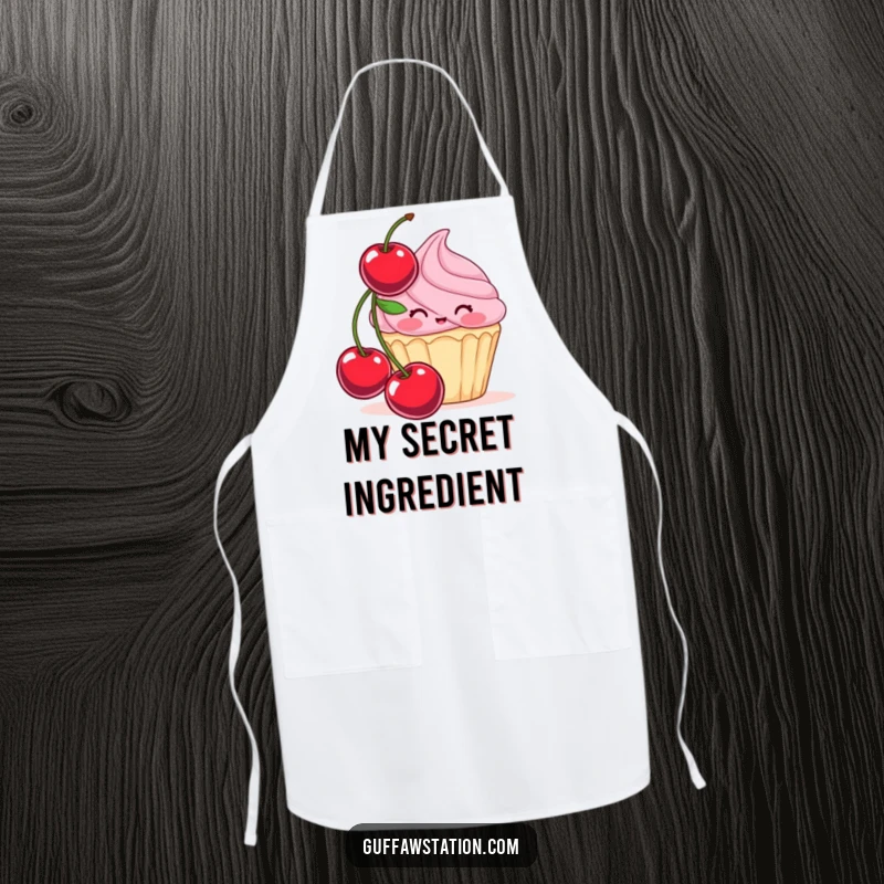 Funny apron featuring a blushing cupcake character hiding behind a large cherry, perfect for kitchen fun and protecting clothes humorously.