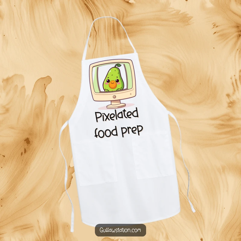 Funny apron with a curious avocado peeking from a giant computer screen, ideal for humorous and nerdy cooking.