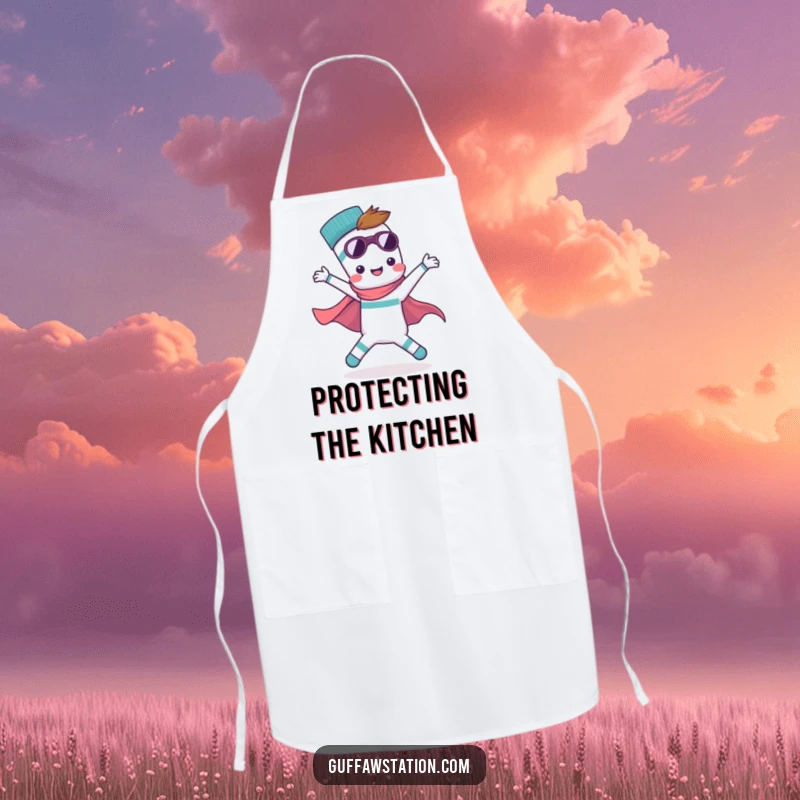 Funny apron featuring a single, brave sock in a superhero stance, ready to conquer the kitchen. Durable and humorous cooking accessory.