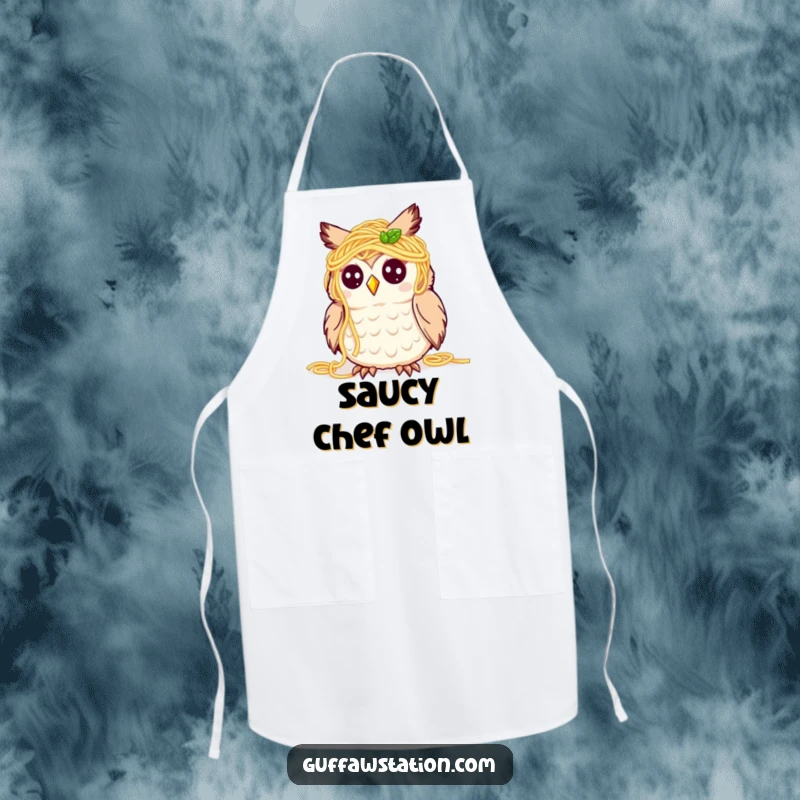 Funny apron depicting a cute owl covered in spaghetti, looking bewildered but happy, offering protection with a humorous and culinary theme.
