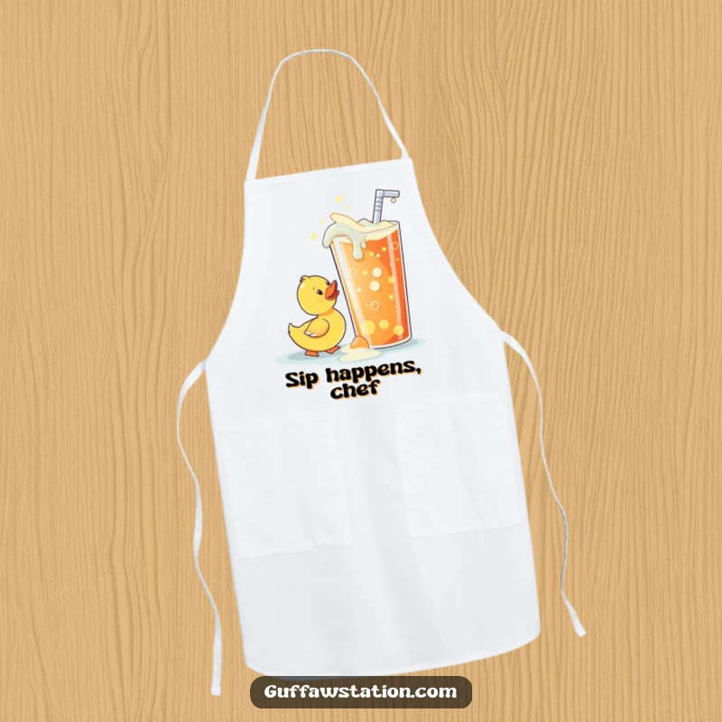 Funny rubber ducky apron, hilariously trying to sip from a giant overflowing soda, designed for chefs who love a laugh.