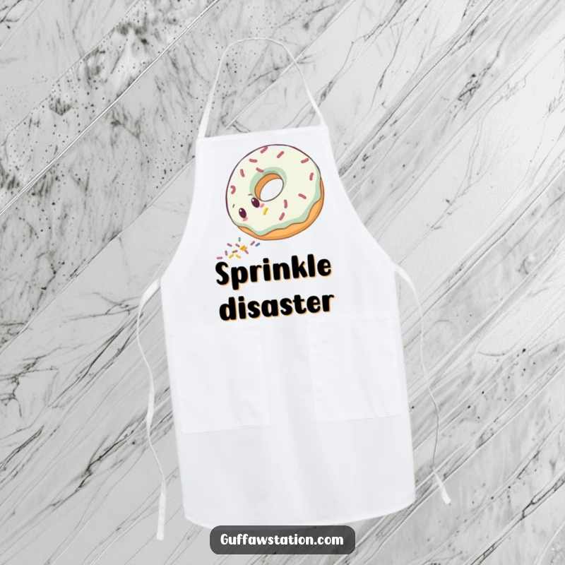 Funny clumsy donut character rolling downhill, scattering sprinkles, on a durable kitchen apron.