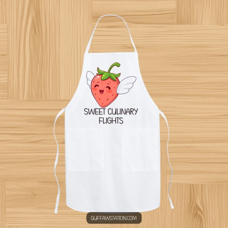 Funny apron featuring a delighted strawberry with tiny wings, looking like it's about to fly, perfect for the kitchen.
