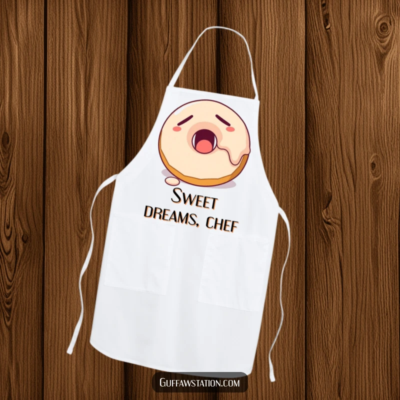 Funny sleepy donut character yawning with frosting melting, featured on a humorous and practical kitchen apron.