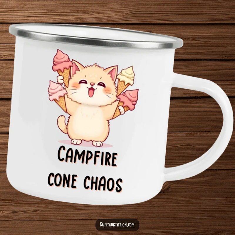 Funny Cat Ice Cream Camping Mug shows a surprised cat juggling melting ice cream cones, perfect for outdoor fun.