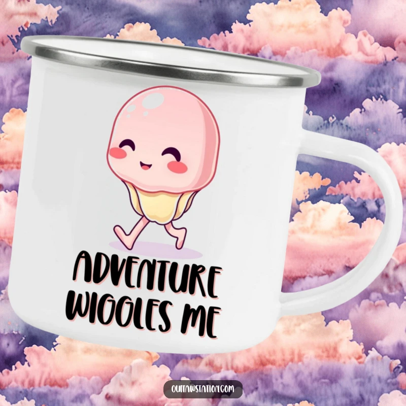 Funny camping mug showing a wobbly jelly character attempting a walk with uncontrolled wiggles, great for outdoor humor.