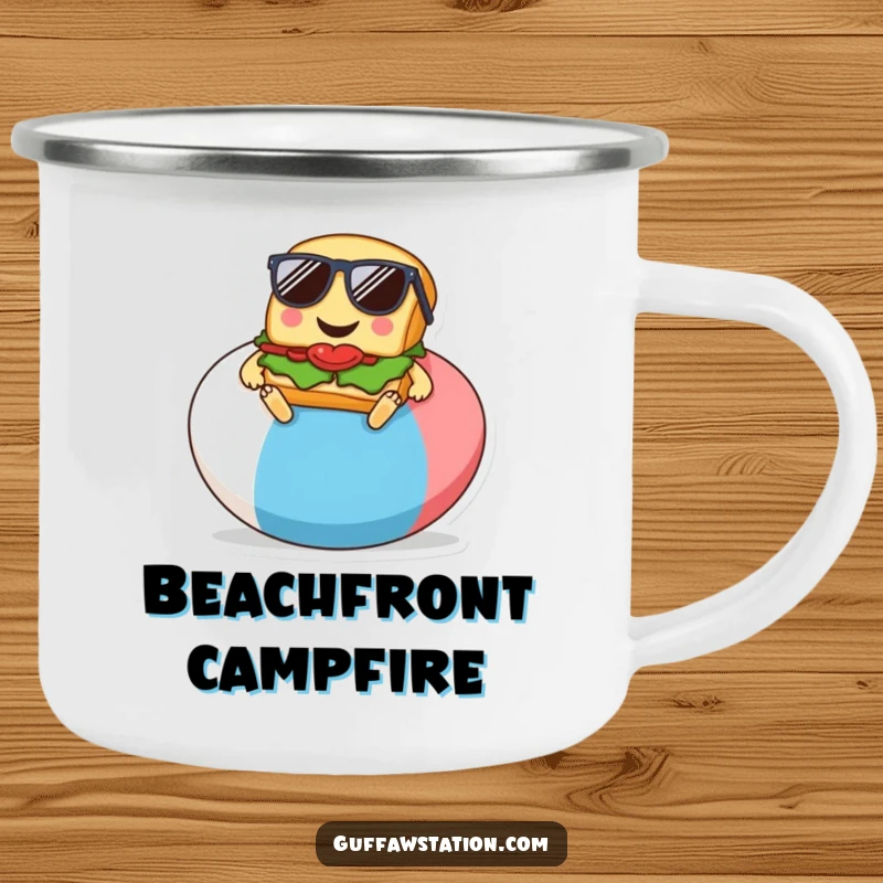 Funny enamel camping mug with a sandwich relaxing on a beach ball, designed for outdoor humor and durability.