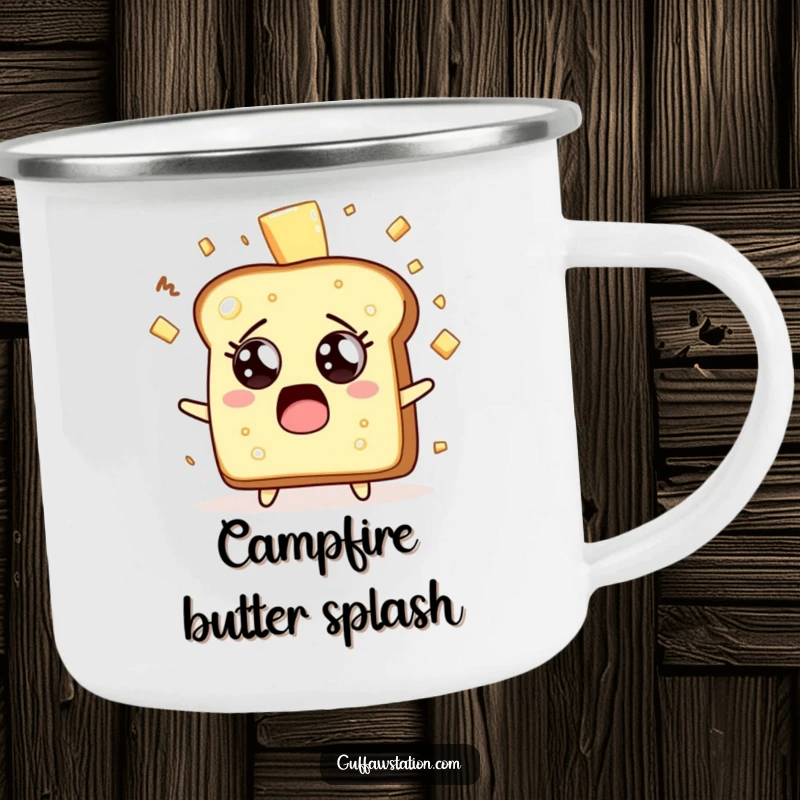 Funny surprised toast character with butter flying everywhere on a sturdy camping mug.